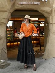 Áo cổ V tay dài nút bọc linen tưng premium Cói Design