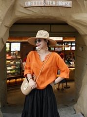 Áo cổ V tay dài nút bọc linen tưng premium Cói Design