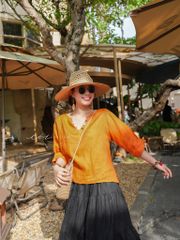 Áo cổ V tay dài nút bọc linen tưng premium Cói Design