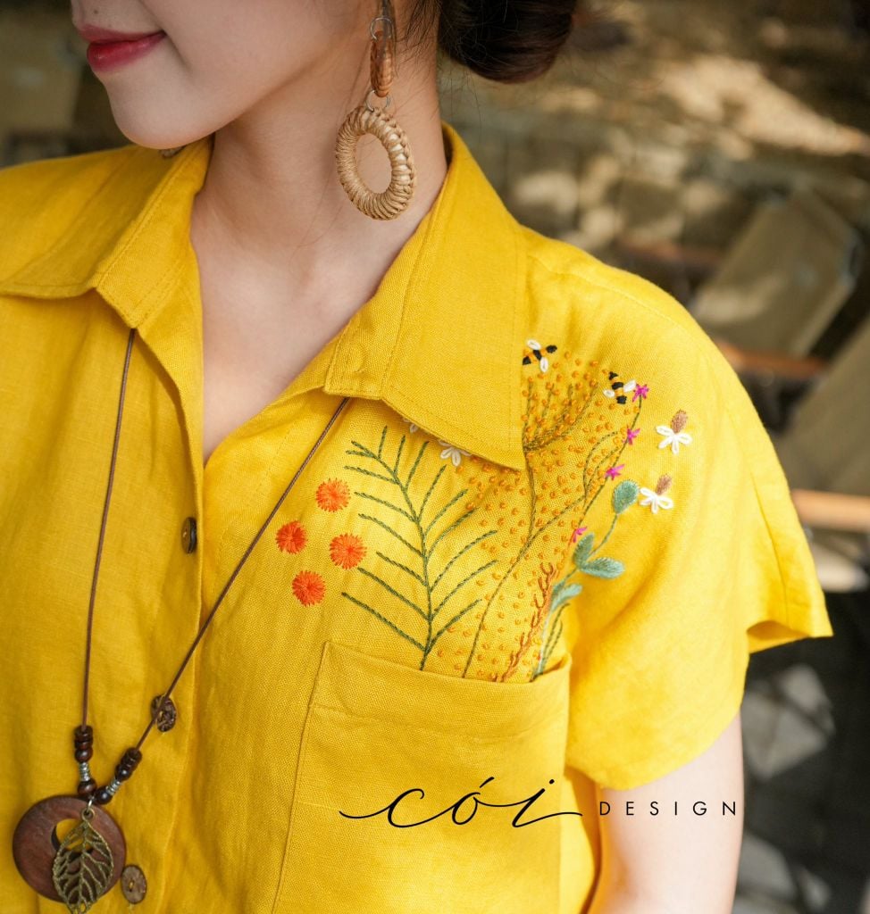 Áo Thêu hoa túi croptop rút eo linen tưng premium Cói Design
