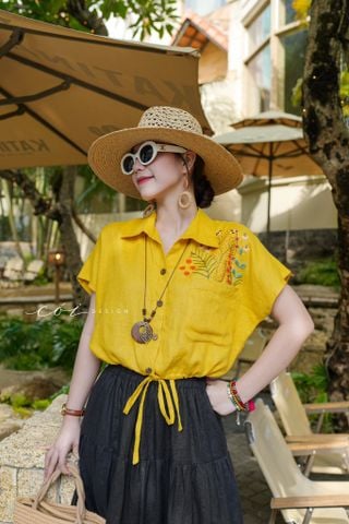 Áo Thêu hoa túi croptop rút eo linen tưng premium Cói Design