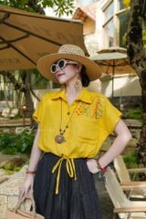 Áo Thêu hoa túi croptop rút eo linen tưng premium Cói Design