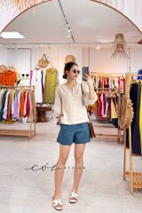 Áo cổ xẻ tròn tay phồng linen tưng premium Cói Design