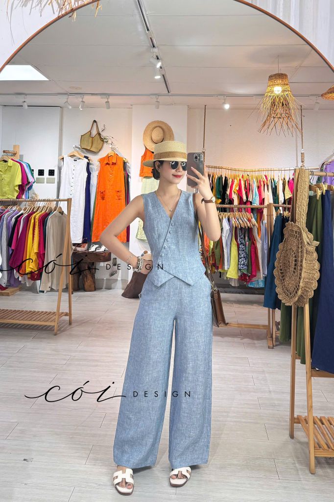 Quần suông phối nút linen tưng premium Cói Design