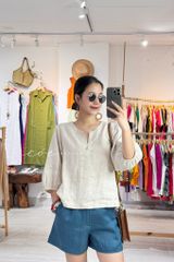 Áo cổ xẻ tròn tay phồng linen tưng premium Cói Design
