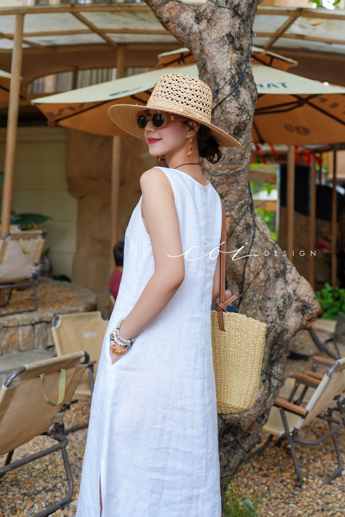 Đầm xẻ tà nút bọc màu linen tưng premium Cói Design
