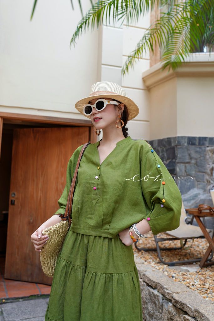 Áo cổ trụ 19 nút bọc màu Linen tưng premium Cói Design
