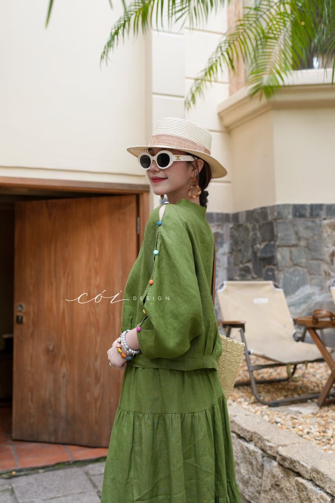 Áo cổ trụ 19 nút bọc màu Linen tưng premium Cói Design