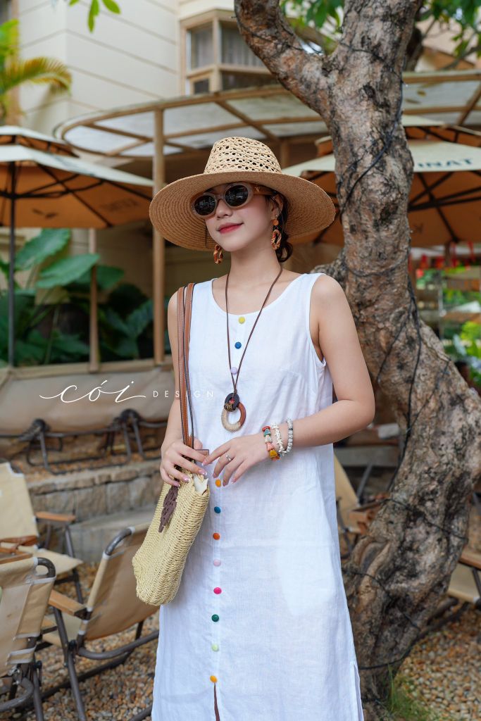 Đầm xẻ tà nút bọc màu linen tưng premium Cói Design