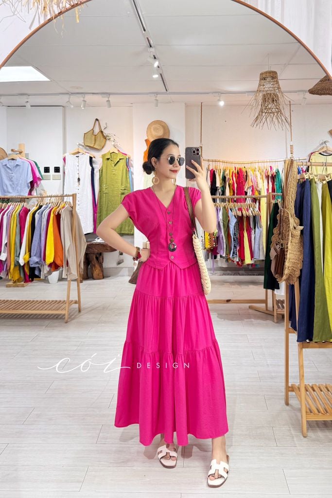 Set chân váy áo gile tay xếp linen bambo Cói Design