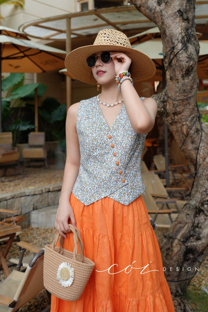 Áo gile nút bọc linen tưng premium Cói Design