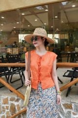 Áo cổ tròn phối nơ linen tưng premium Cói Design