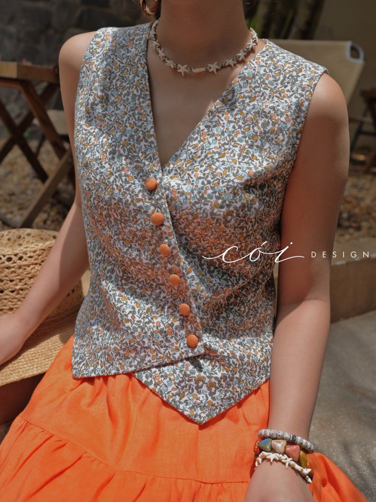 Áo gile nút bọc linen tưng premium Cói Design