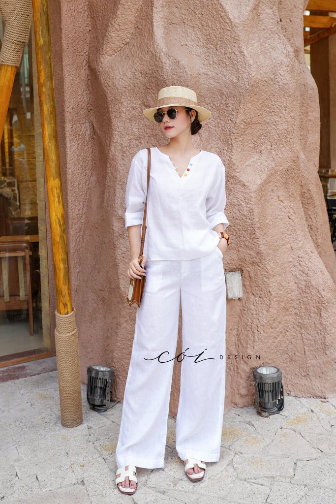 Áo cổ V tay dài nút bọc linen tưng premium Cói Design