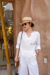 Áo cổ V tay dài nút bọc linen tưng premium Cói Design