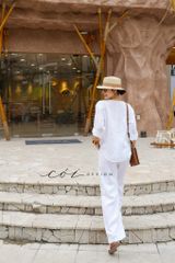 Áo cổ V tay dài nút bọc linen tưng premium Cói Design