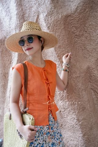 Áo cổ tròn phối nơ linen tưng premium Cói Design