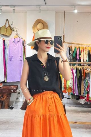 Chân váy 1 tầng nút bọc linen tưng premium Cói Design