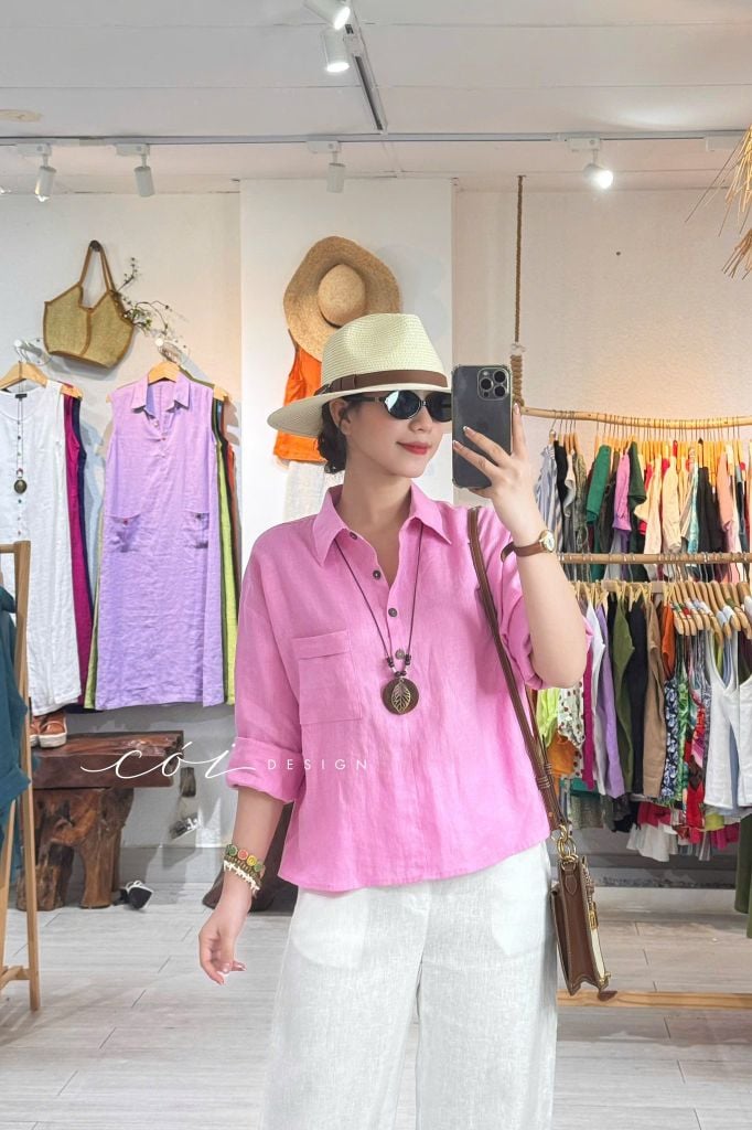 Áo cổ sơ mi 3 nút tay dài linen tưng premium Cói Design