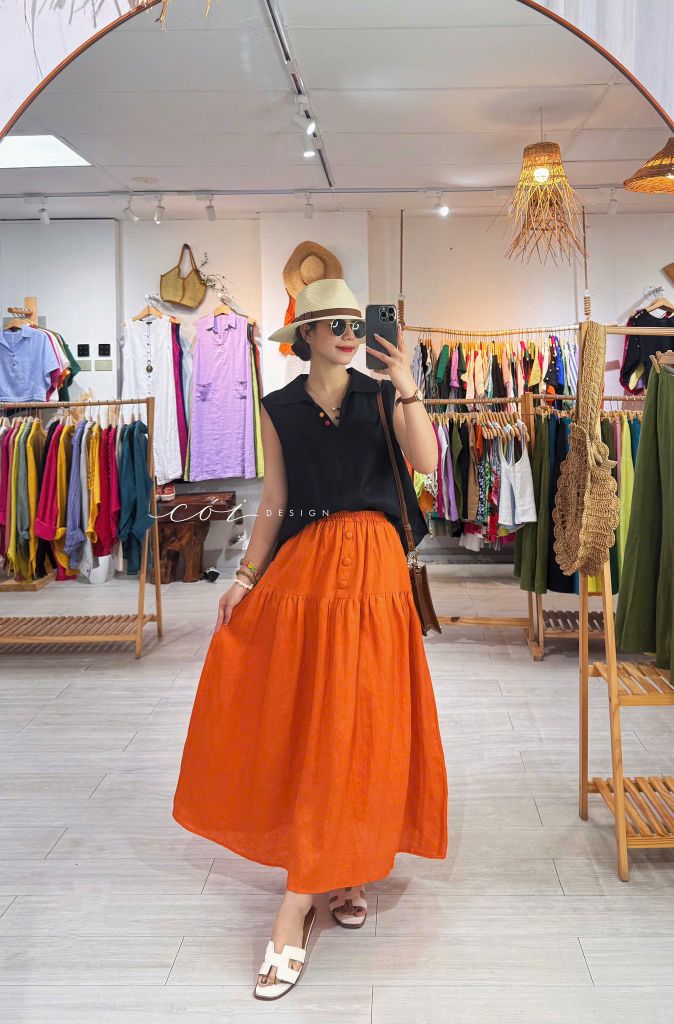 Chân váy 1 tầng nút bọc linen tưng premium Cói Design