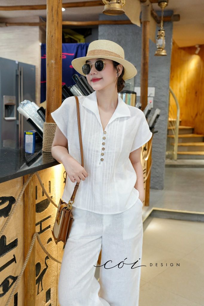 Áo cổ sơ mi xếp ly linen tưng premium Cói Design