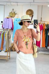 Áo cổ tròn thêu bó hoa Linen tưng premium Cói Design