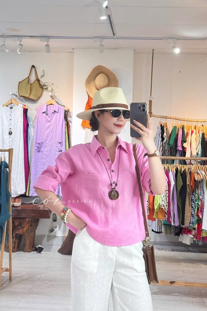 Áo cổ sơ mi 3 nút tay dài linen tưng premium Cói Design