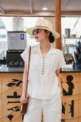 Áo cổ sơ mi xếp ly linen tưng premium Cói Design