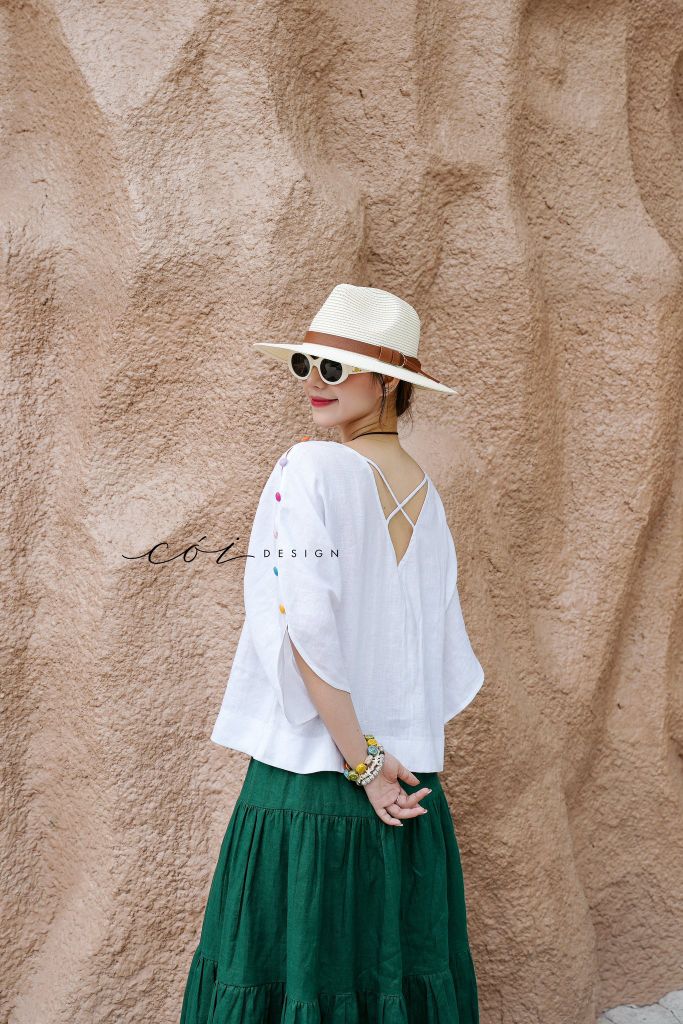 Áo tay rơi đan chéo lưng linen tưng premium Cói Design