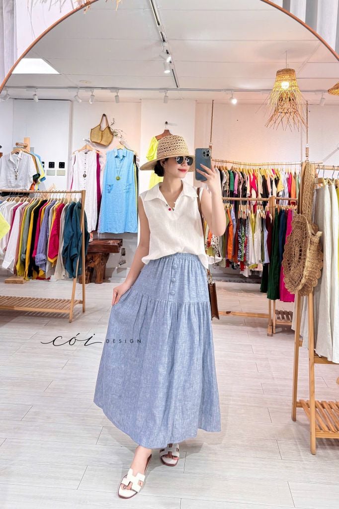 Chân váy 1 tầng nút bọc linen tưng premium Cói Design