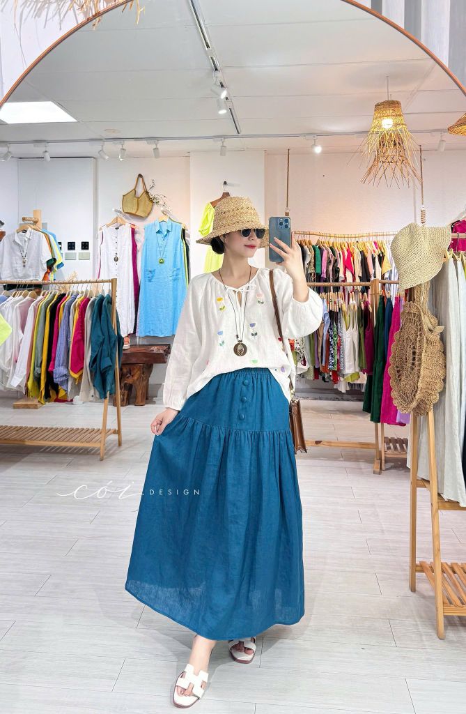 Chân váy 1 tầng nút bọc linen tưng premium Cói Design