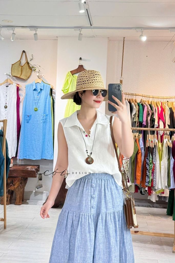 Chân váy 1 tầng nút bọc linen tưng premium Cói Design