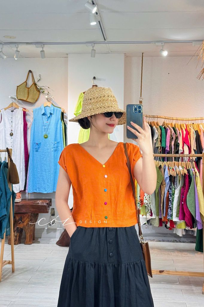 Chân váy 1 tầng nút bọc linen tưng premium Cói Design