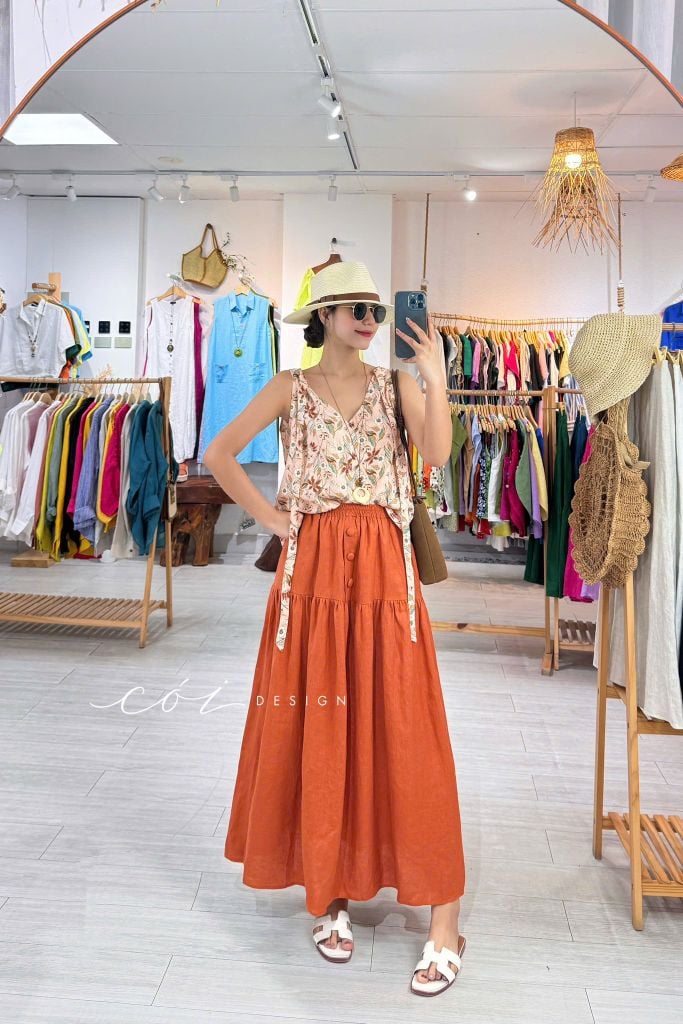 Chân váy 1 tầng nút bọc linen tưng premium Cói Design