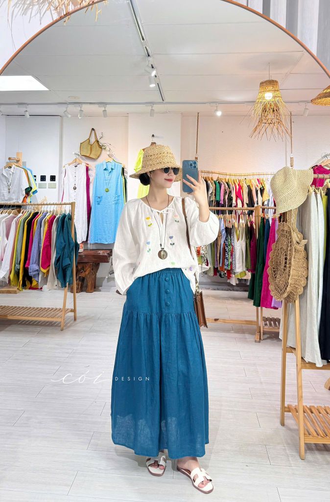 Chân váy 1 tầng nút bọc linen tưng premium Cói Design