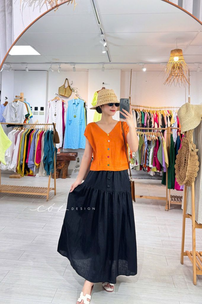 Chân váy 1 tầng nút bọc linen tưng premium Cói Design