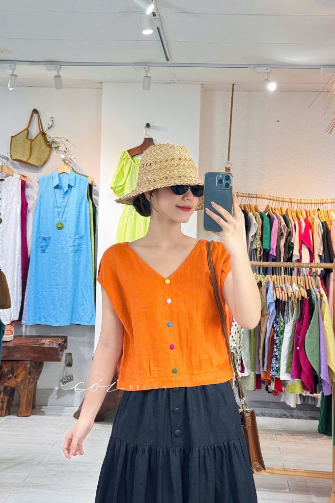 Chân váy 1 tầng nút bọc linen tưng premium Cói Design