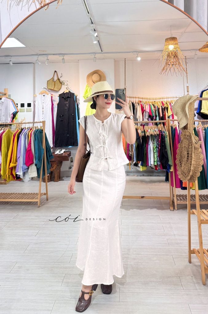Áo cổ tròn phối nơ linen tưng premium Cói Design