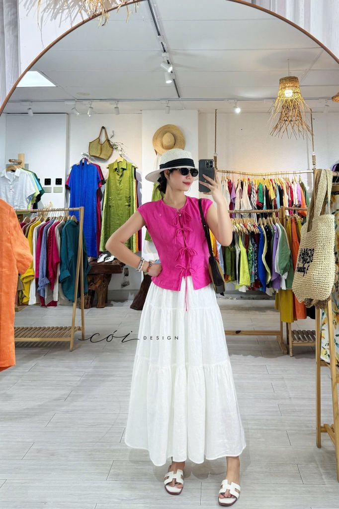 Áo cổ tròn phối nơ linen tưng premium Cói Design