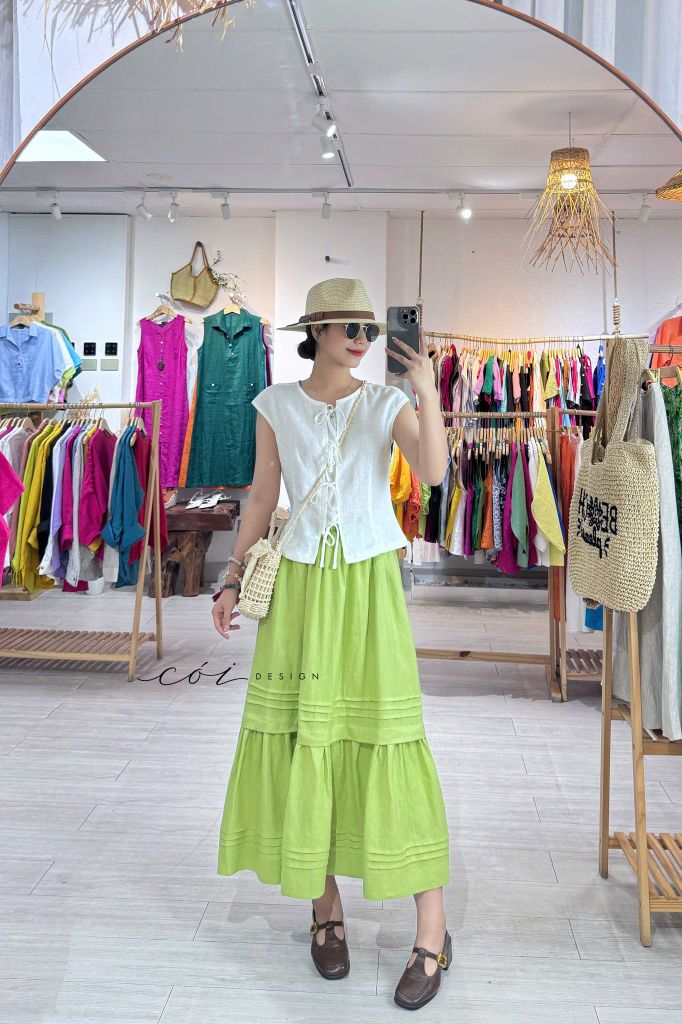 Áo cổ tròn phối nơ linen tưng premium Cói Design