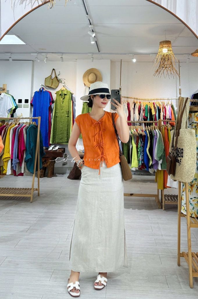 Áo cổ tròn phối nơ linen tưng premium Cói Design