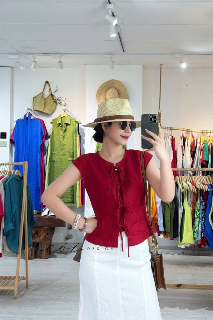 Áo cổ tròn phối nơ linen tưng premium Cói Design
