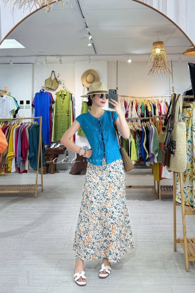 Áo cổ tròn phối nơ linen tưng premium Cói Design