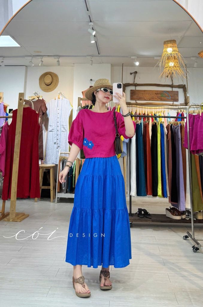 Áo thêu viền cổ phối hoa tua rua handmade linen tưng premium Cói Design