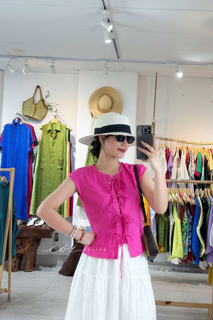 Áo cổ tròn phối nơ linen tưng premium Cói Design