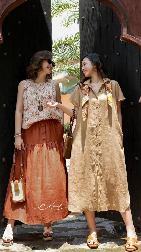 Chân váy 1 tầng nút bọc linen tưng premium Cói Design