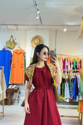 Đầm cổ tròn xếp ly kèm belt linen tưng premium Cói Design