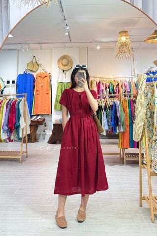 Đầm cổ tròn xếp ly kèm belt linen tưng premium Cói Design