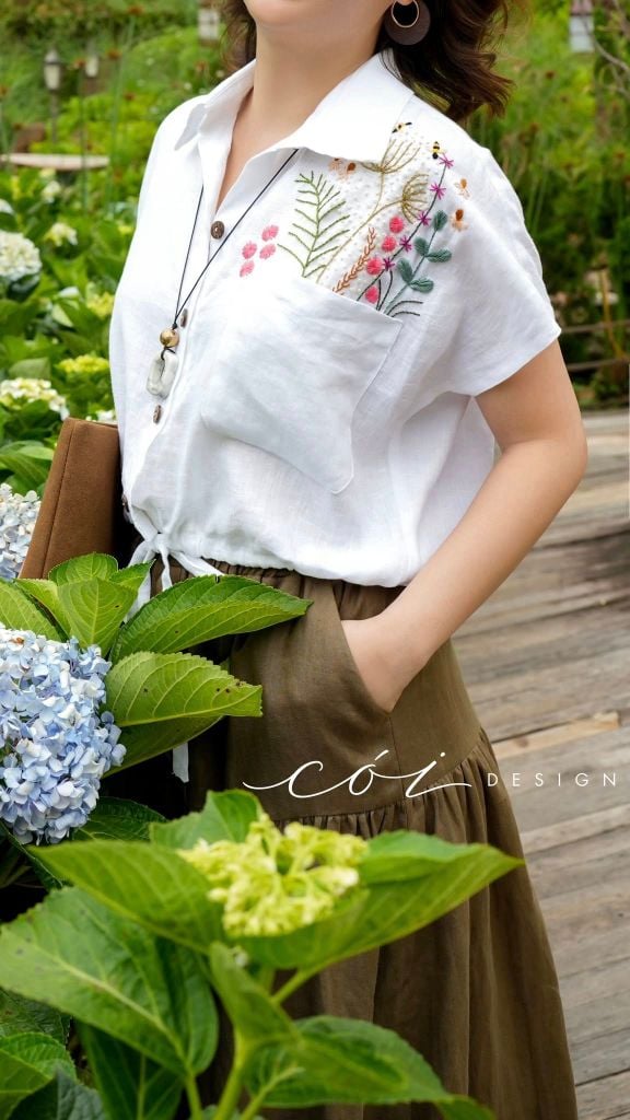 Áo Thêu hoa túi croptop rút eo linen tưng premium Cói Design