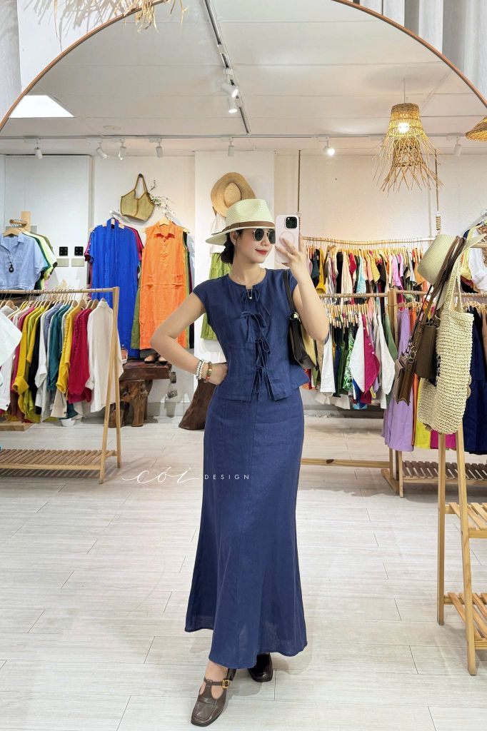 Áo cổ tròn phối nơ linen tưng premium Cói Design